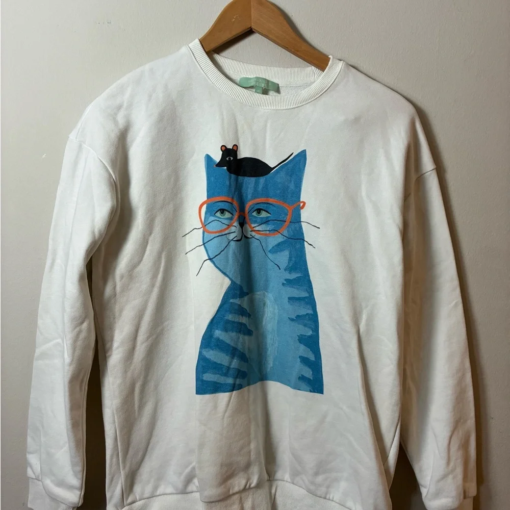 White Cat Sweatshirt with Blue Cat Print. Size M